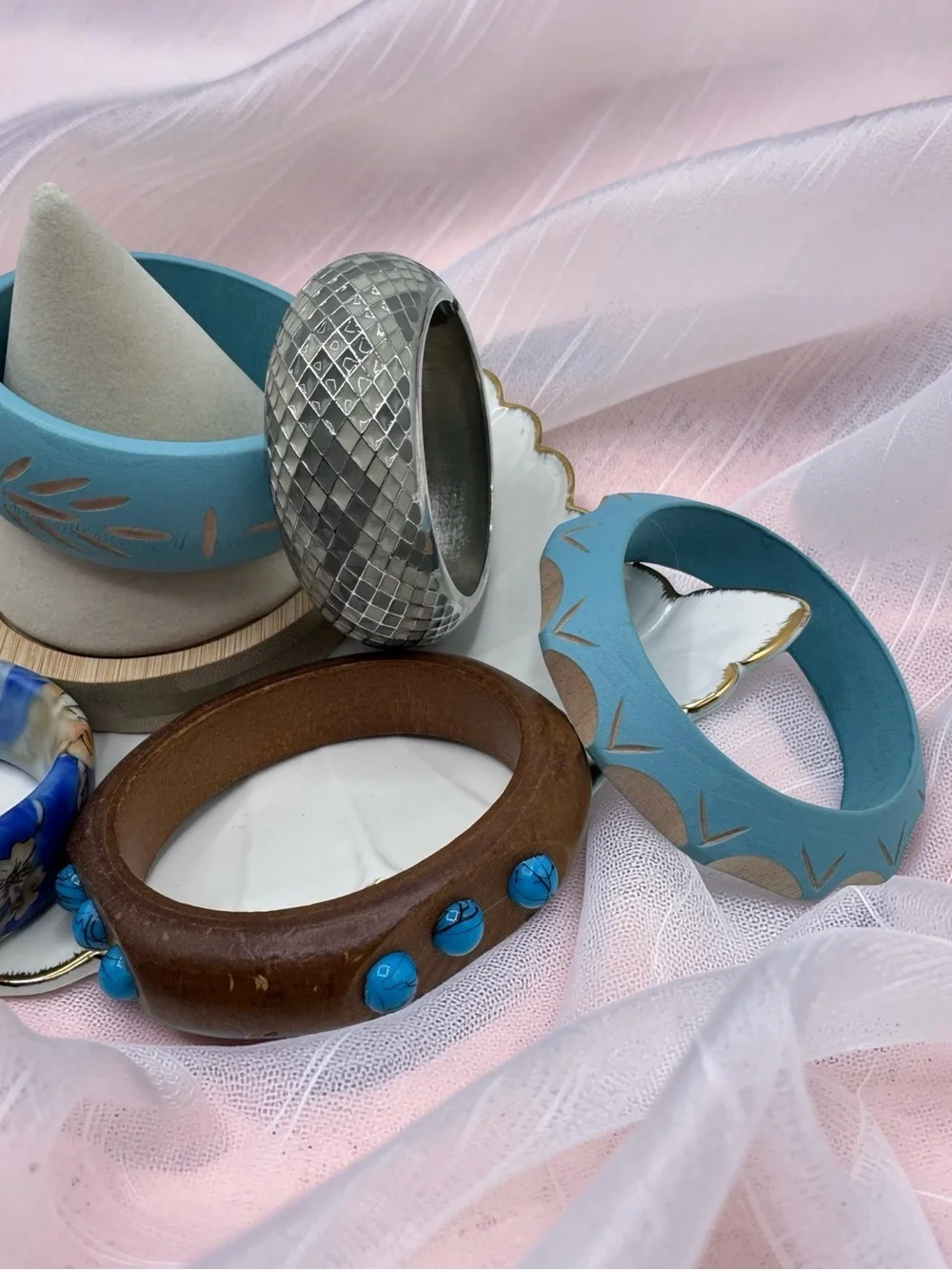 Boho Mixed Bangle Bracelet Lot Blue Wood Silver Floral Statement Bracelets 6 pcs